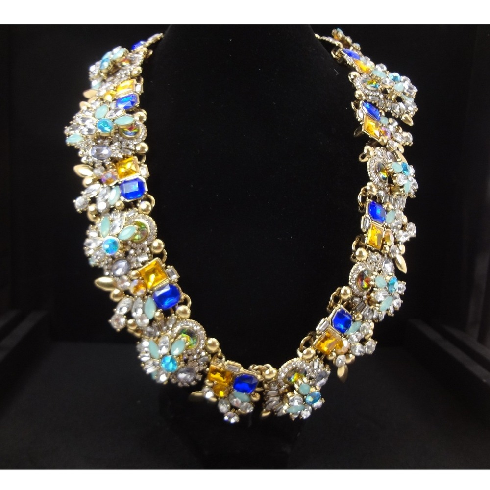 Olivia Welles Statement Collar Necklace Gold Blue Yellow Green Excellent Gem
